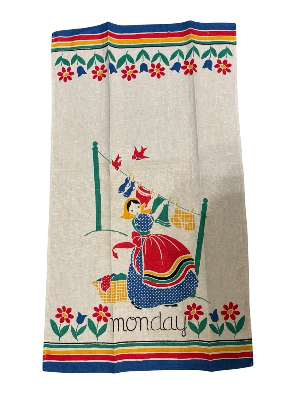 MCM Quality Linens Pure Linen Tea Towel Days Of The Week “Monday” Dutch Girl
